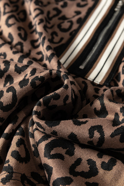 Khaki Leopard Print Quarter Zip Long Sleeve Top Mini Skirt Set