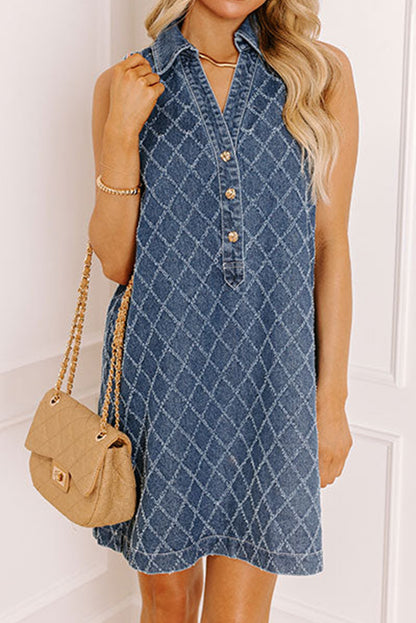 Sail Blue Rhombus Textured Collar Buttoned V Neck Denim Sleeveless Mini Dress