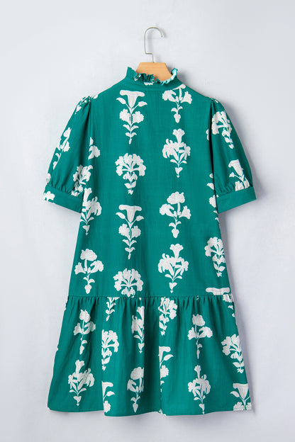Black Frilled V Neck Puff Short Sleeve Floral Mini Dress