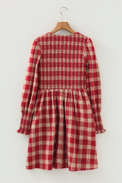 Red Plaid Print Smocked Puff Sleeve Mini Dress