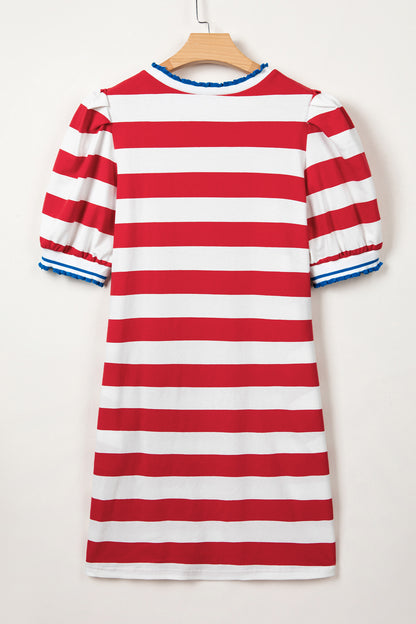 Blue Stripe Contrast Trim Round Neck Short Puff Sleeve Shift Mini Dress