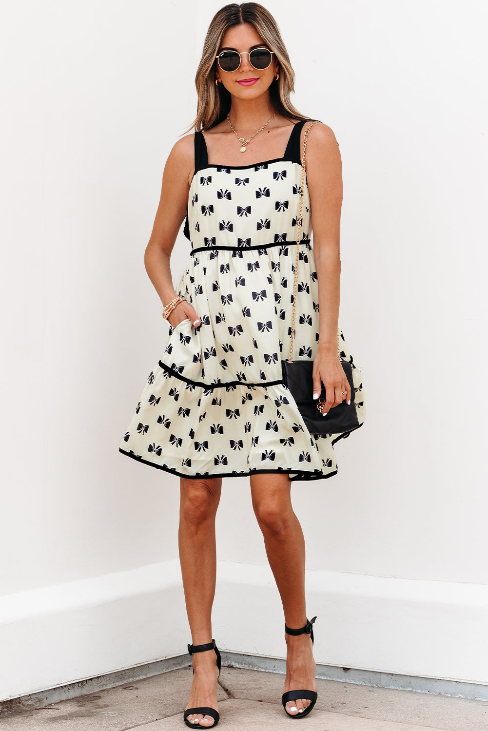 White Bow Knot Color Contrast Trim Knotted Shoulder Mini Dress