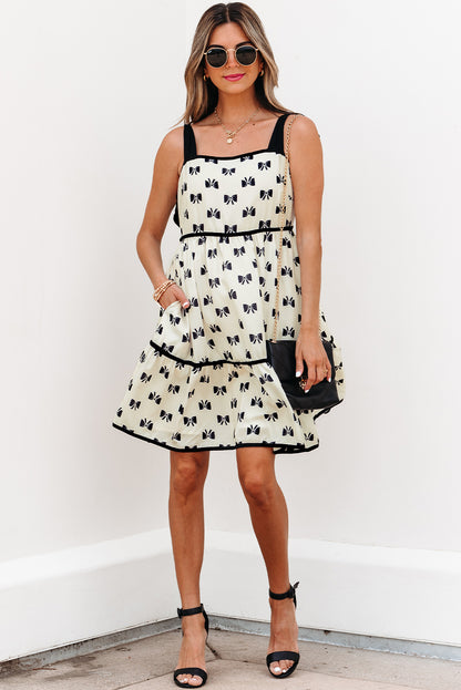 White Bow Knot Color Contrast Trim Knotted Shoulder Mini Dress