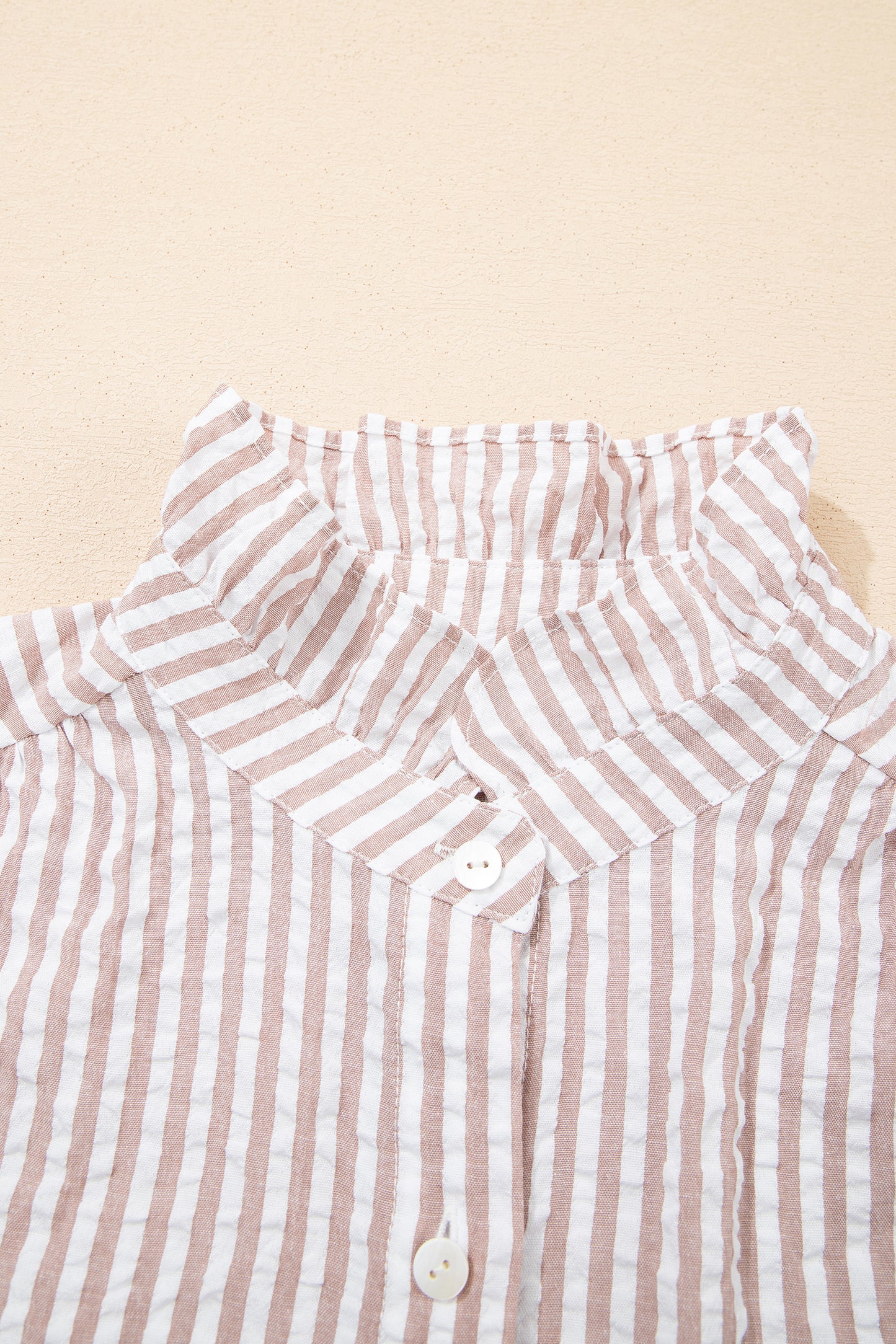 Khaki Stripe Frilled Collar Half Sleeve Shirt Maxi Dress