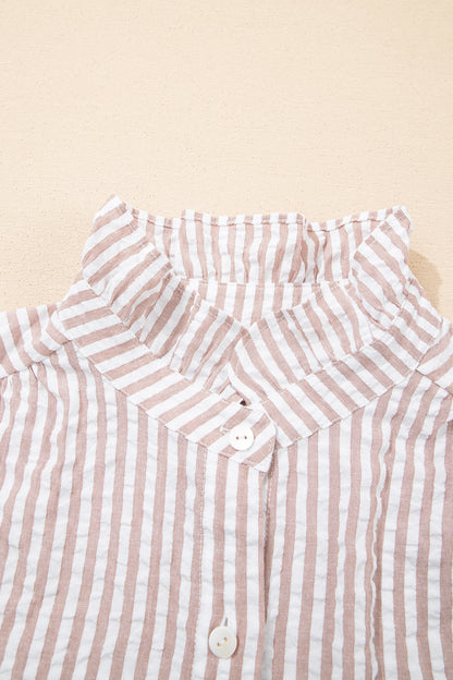 Khaki Stripe Frilled Collar Half Sleeve Shirt Maxi Dress