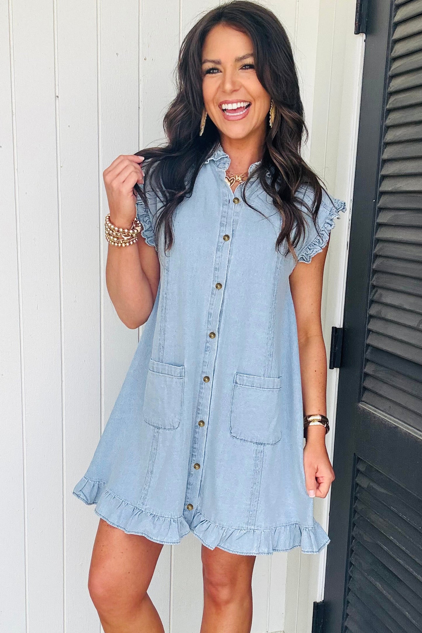 Beau Blue Ruffled Edge Collared Shift Denim Dress with Pockets