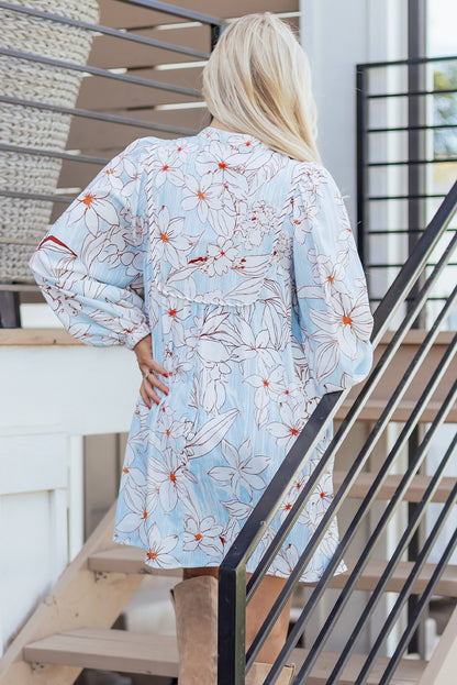 Brown Floral Print Tie Neck 34 Sleeve Mini Dress