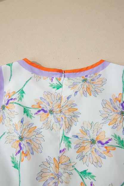 White Floral Print Color Block Trim Belted Sleeveless Maxi Dress