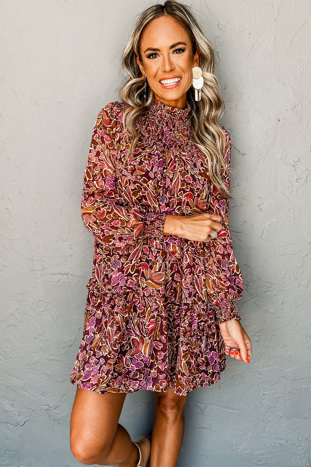 Red Floral Print Long Sleeve Shirred High Neck Loose Mini Dress