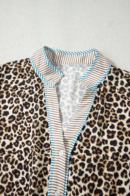 Khaki Plus Size Leopard Print Striped Trim V Neck Drop Waist Long Sleeve Mini Dress