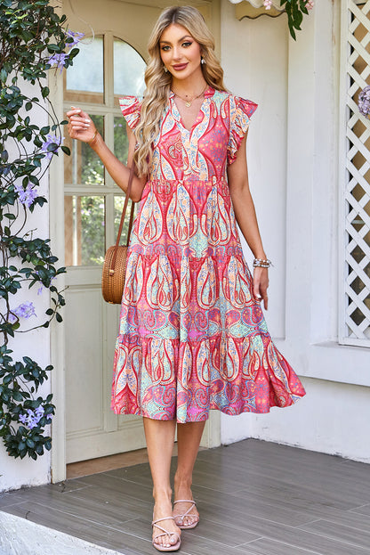 Rose Tribal Paisley Print Ruffled Sleeve Notch Neck Midi Dress
