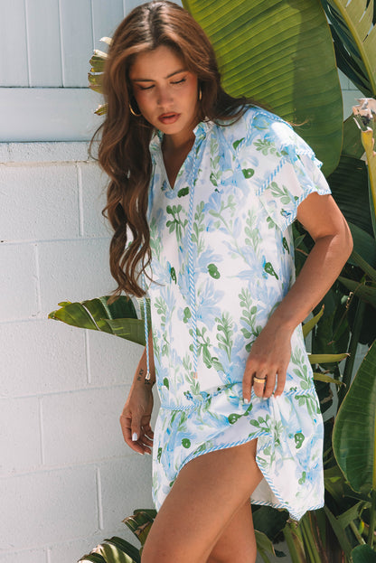 Sky Blue Floral Contrast Edge Layered Short Sleeve Mini Dress