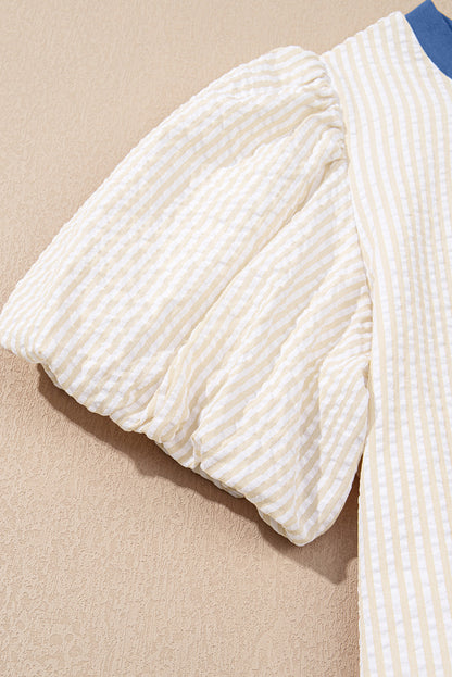 Beige Stripe Seersucker Contrast Round Neck Puff Sleeve T Shirt Dress