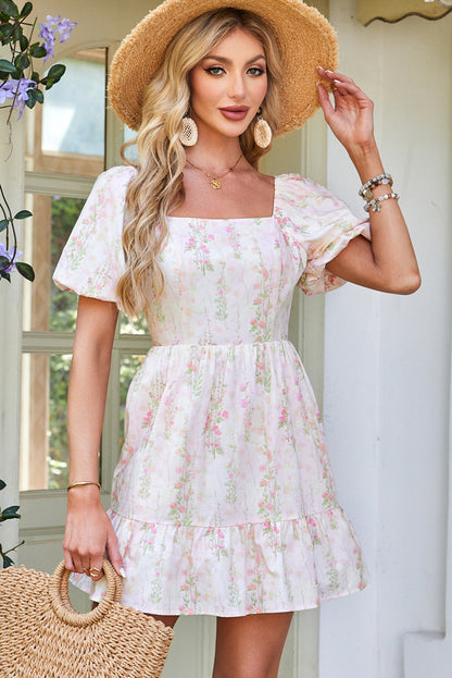 Pink Floral Puff Sleeve Square Neck Knotted Open Back Ruffled Mini Dress