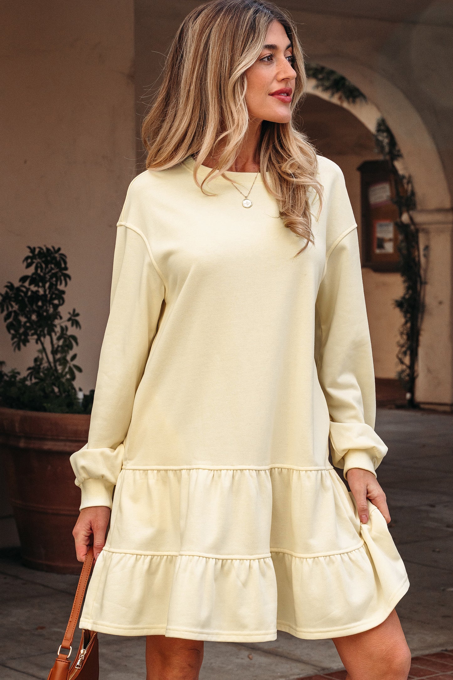 Beige Double Tiered Ruffle Hem Long Sleeve Loose Mini Dress