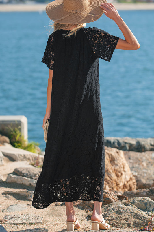 Black Floral Lace Overlay Tassel Tie Short Sleeve Beach Vacation Loose Maxi Dress