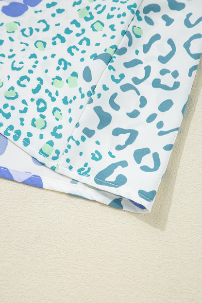 Sky Blue Leopard Contrast Bow Puff Sleeve Mini Dress