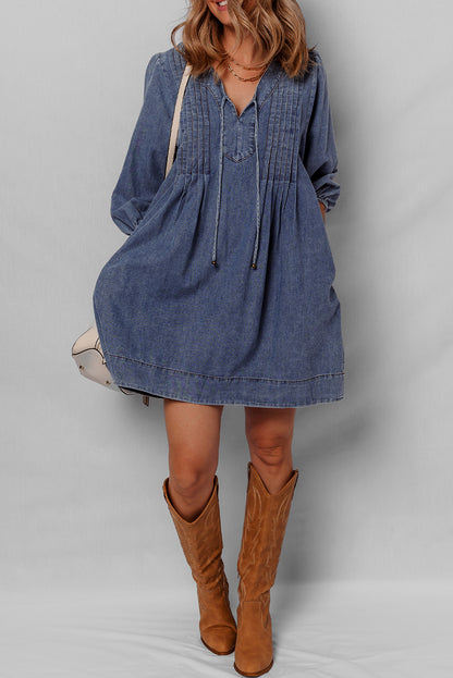 Sail Blue 3/4 Sleeve Tied V Neck Pleated Denim Mini Dress