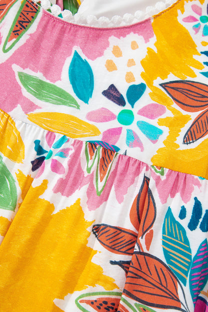 Pink Floral Print Lace Trimmed Tie Back Bell Sleeve Swing Mini Dress