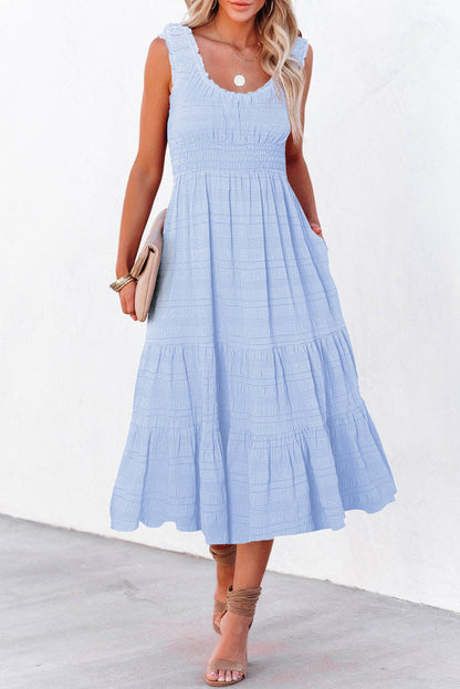 Black Shirred Pleated Square Neck Sleeveless Midi Dress