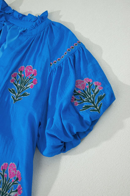 Blue Flower Embroidered Split Neck Short Puff Sleeve Ruffle Hem Dress