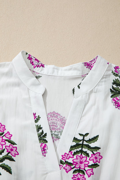 White Floral Print Split Neck Shirred High Waist Ruffle Hem Maxi Dress
