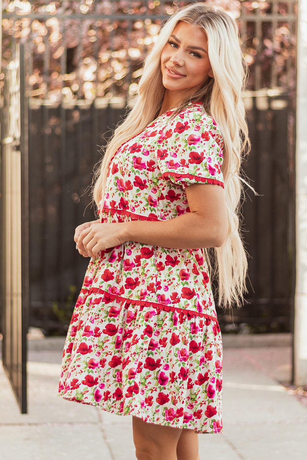 Red Floral Puff Sleeve Tiered Ric Rac Pocketed Mini Dress