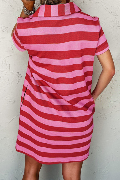 Red Stripe Textured Knit Collared V Neck Shift T Shirt Dress