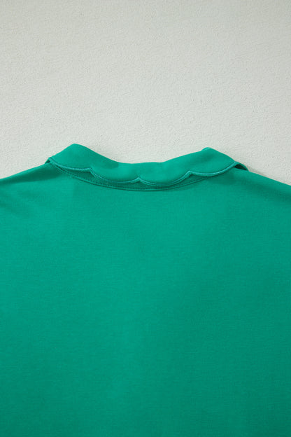 Beau Blue Solid Color Snap Button Polo Collar Short Sleeve Scallop Hem Mini Dress
