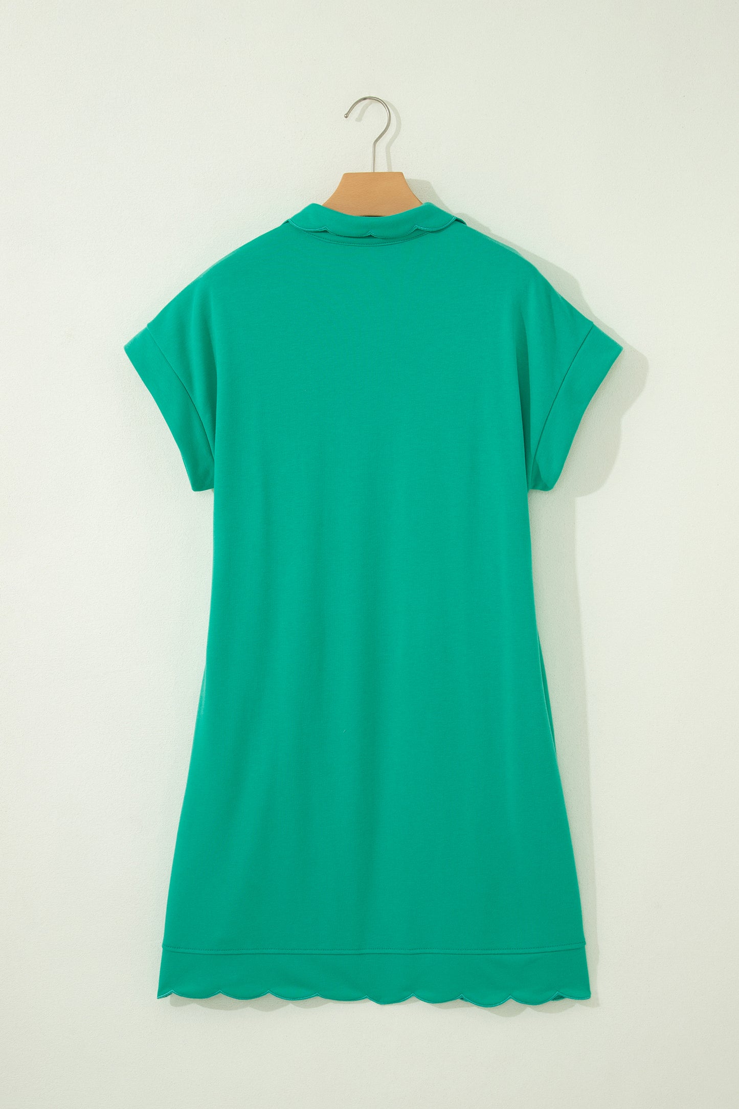 Beau Blue Solid Color Snap Button Polo Collar Short Sleeve Scallop Hem Mini Dress
