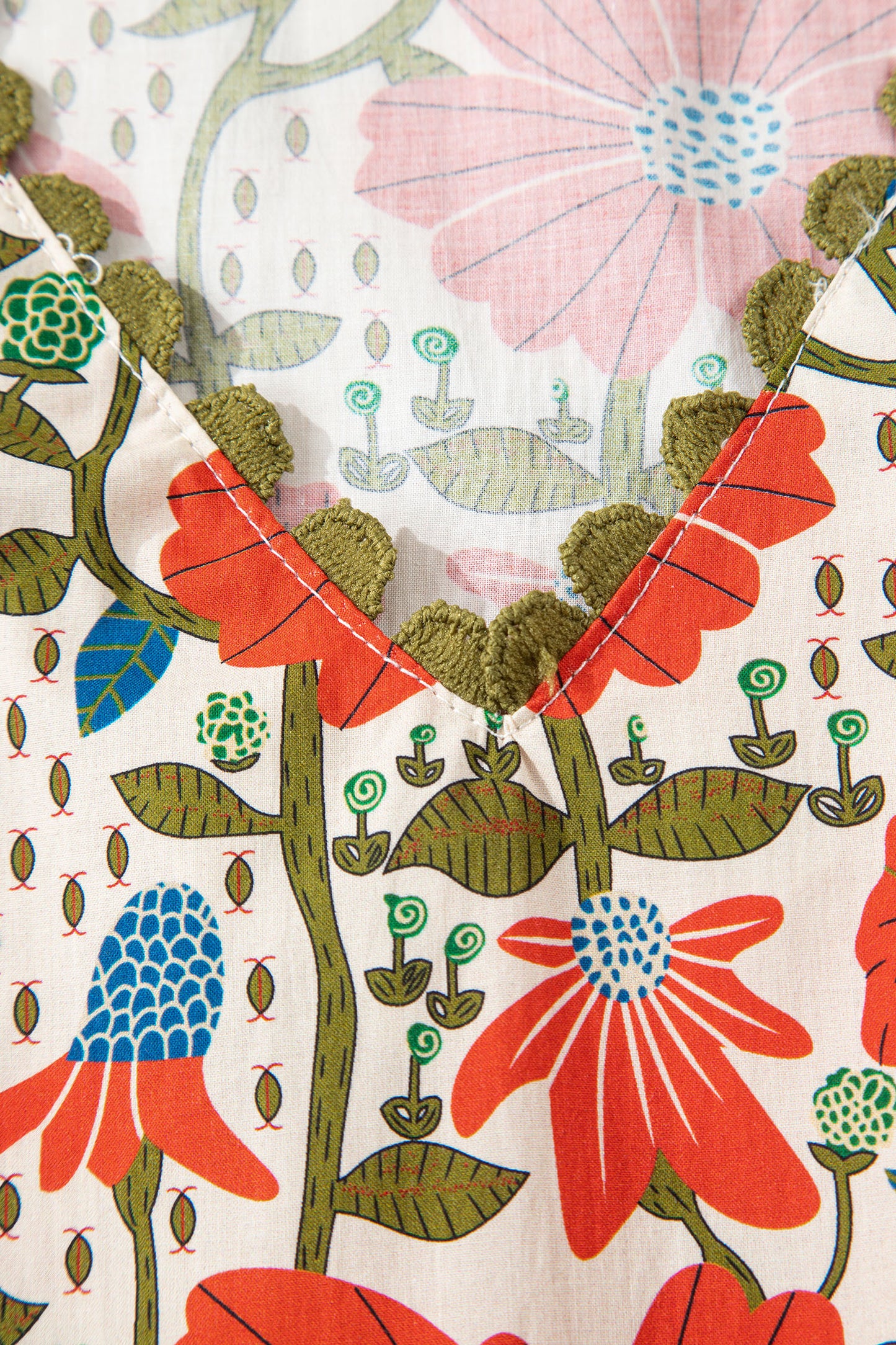 Red Floral Print Ricrac Trim V Neck 3/4 Sleeve Loose Mini Dress