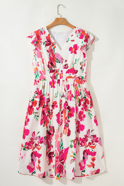 Pink Floral Print V Neck Ruffle Sleeve Plus Size Midi Dress