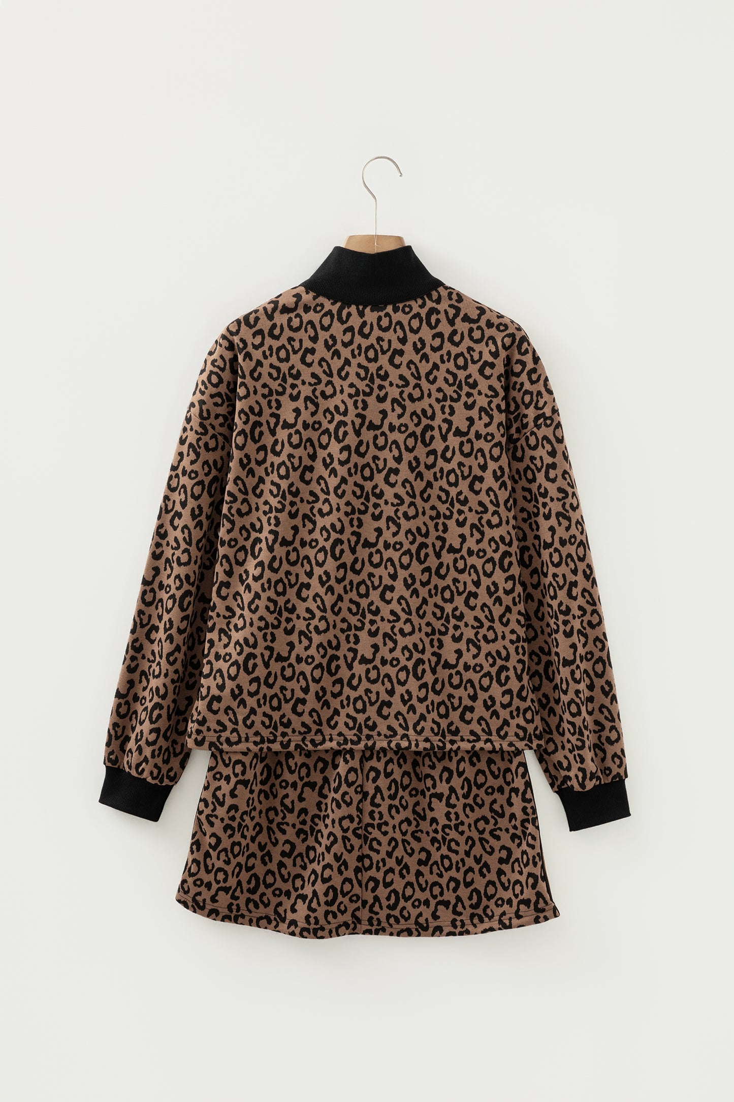 Khaki Leopard Print Quarter Zip Long Sleeve Top Mini Skirt Set