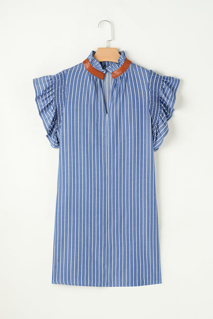 Sky Blue Stripe Frilly Split Neck Shirred Ruffle Sleeve Short Shift Dress