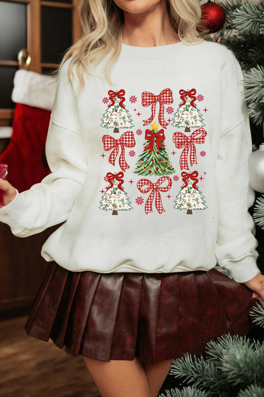 White Christmas Tree Ribbon Bow Printed Drop Shoulder Sweatshirt