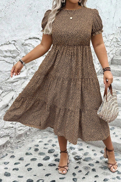 Beige Plus Size Leopard Print Frill Trim Short Sleeve Flared Dress