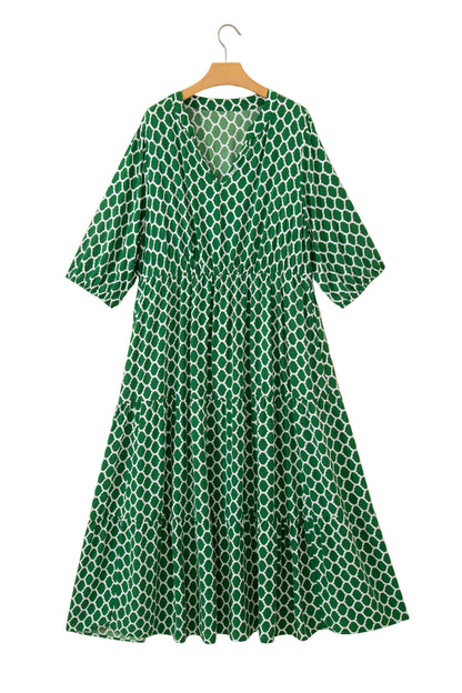 Green Plus Size Geometric Print Pocketed Ruffle Hem Casual Dress