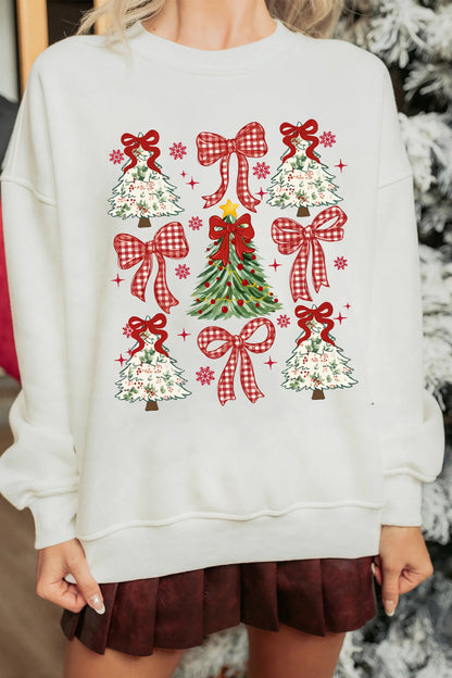 White Christmas Tree Ribbon Bow Printed Drop Shoulder Sweatshirt