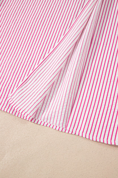 Black Stripe Frilled Detail Half Buttons Short Sleeve Long Dress