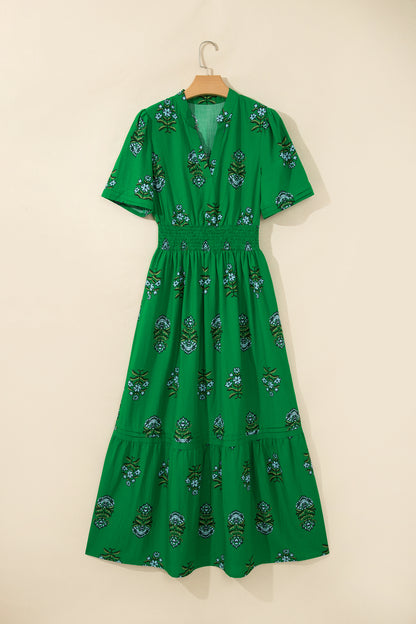 White Floral Print Split Neck Shirred High Waist Ruffle Hem Maxi Dress