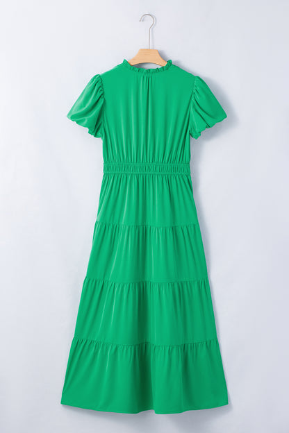 Clearly Aqua Solid Color V Neck Short Puff Sleeve High Waist Tiered Maxi Dress