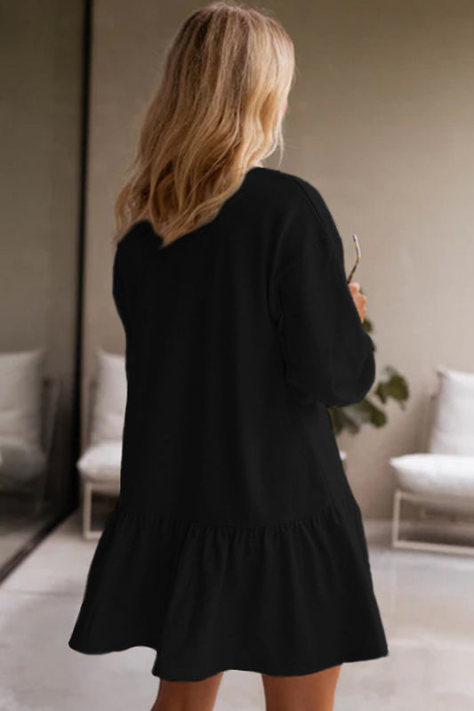 Black Solid Color Puff Sleeve Ruffle Hem