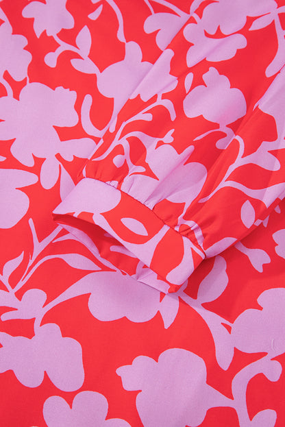 Red Floral Three Quarter Sleeves Ruffle Hem Mini Dress